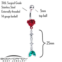 Load image into Gallery viewer, Green Clear Gem Rose Red Chain Dangle Belly Ring