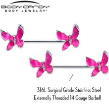 Load image into Gallery viewer, 14G 9/16 Clear Gem Chunky Butterfly Pink Barbell Nipple Ring Set