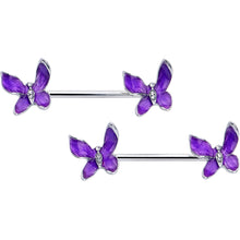Load image into Gallery viewer, 14G 9/16 Clear Gem Chunky Butterfly Purple Barbell Nipple Ring Set