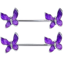 Load image into Gallery viewer, 14G 9/16 Clear Gem Chunky Butterfly Purple Barbell Nipple Ring Set