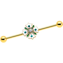 Load image into Gallery viewer, 14G Green Gem Gold Tone Flower Wreath Industrial Barbell 38mm