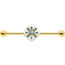 Load image into Gallery viewer, 14G Green Gem Gold Tone Flower Wreath Industrial Barbell 38mm