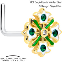 Load image into Gallery viewer, 20G 7mm Green Gem Flower Wreath L Shape Nose Ring