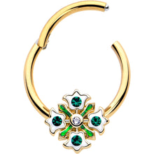 Load image into Gallery viewer, 16G 3/8 Green Gem Gold Tone Flower Wreath Hinged Segment Ring