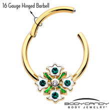 Load image into Gallery viewer, 16G 3/8 Green Gem Gold Tone Flower Wreath Hinged Segment Ring
