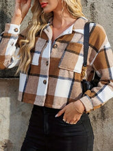 Load image into Gallery viewer, Women Brown Plaid Collared Neck Cropped Jacket Trendy & Versatile Outerwear