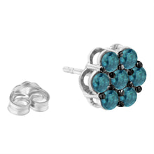 Load image into Gallery viewer, Sterling Silver Treated Blue Diamond Floral Stud Earrings (1 cttw, Blue Color, I2-I3 Clarity)