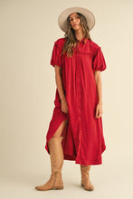 Load image into Gallery viewer, Mineral Washed Button Down Puff Sleeve Shirt Dress β Trendy Button Down Shirt Dress with Puff Sleeves and Unique Mineral Wash Finish for a Chic and Casual Look