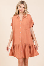 Load image into Gallery viewer, Linen Blend Button Down Shirt Mini Dress For Women – Casual, Classic Button-Down Design with Raw Hem and Tiered Detail