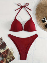 Load image into Gallery viewer, Bikini Rib Knit Solid Color Triangle 2 Piece Swimsuit for Women – Adjustable Tie Back Halter Bikini Set with Spaghetti Straps – High Stretch Polyester Swimwear for Summer Beachwear Poolside Relaxation and Tropical Vacation