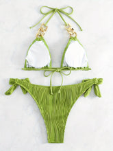 Load image into Gallery viewer, Bikini Ruched Texture Golden Chain 2 Piece Triangle Swimsuit for Women – Striped Halter Bikini Set with Bow Tie Side and Elegant Ring Link Detail – Stretchy Beachwear for Pool Bathing and Summer Vacations