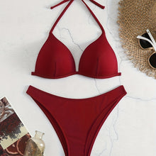 Load image into Gallery viewer, Bikini Rib Knit Solid Color Triangle 2 Piece Swimsuit for Women – Adjustable Tie Back Halter Bikini Set with Spaghetti Straps – High Stretch Polyester Swimwear for Summer Beachwear Poolside Relaxation and Tropical Vacation