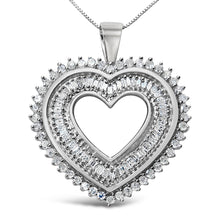 Load image into Gallery viewer, .925 Sterling Silver 1.0 Cttw Baguette and Round Diamond Heart Pendant 18" Necklace (H-I Color, I3 Clarity)
