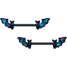 Load image into Gallery viewer, 14G 9/16 Black Bats in Blue Barbell Nipple Ring Set