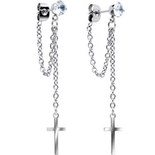 Load image into Gallery viewer, Clear Gem Chain Dangle Cross Stud Earrings