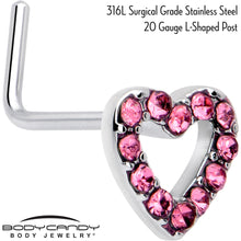 Load image into Gallery viewer, 20G 7mm Pink Gem Hollow Paved Heart L Shape Nose Ring