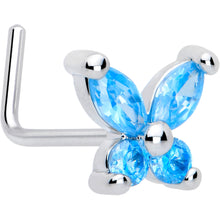 Load image into Gallery viewer, 20G 7mm Blue CZ Gem Open Wing Butterfly L Shape Nose Ring