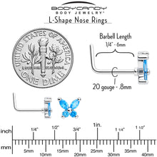 Load image into Gallery viewer, 20G 7mm Blue CZ Gem Open Wing Butterfly L Shape Nose Ring