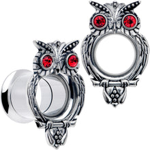 Load image into Gallery viewer, Red CZ Gem Wise Owl Screw Fit Tunnel Plug Set Available Sizes 6mm to 16mm