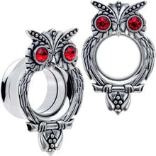 Load image into Gallery viewer, Red CZ Gem Wise Owl Screw Fit Tunnel Plug Set Available Sizes 6mm to 16mm