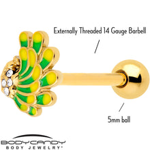 Load image into Gallery viewer, Clear Gem Gold Tone Peacock Green Yellow Barbell Tongue Ring