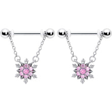 Load image into Gallery viewer, 14G 9/16 Pink CZ Gem Glam Snowflake Chain Dangle Nipple Ring Set