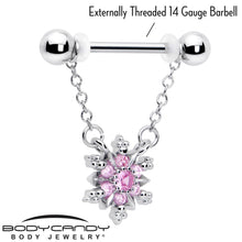 Load image into Gallery viewer, 14G 9/16 Pink CZ Gem Glam Snowflake Chain Dangle Nipple Ring Set