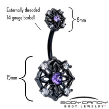 Load image into Gallery viewer, Purple CZ Gem Black Flower Ring Double Mount Belly Ring