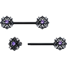 Load image into Gallery viewer, 14G 9/16 Purple CZ Gem Black Flower Ring Barbell Nipple Ring Set