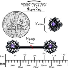 Load image into Gallery viewer, 14G 9/16 Purple CZ Gem Black Flower Ring Barbell Nipple Ring Set