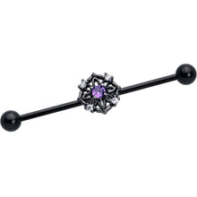 Load image into Gallery viewer, 14G Purple CZ Gem Black Flower Ring Industrial Barbell 38mm