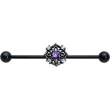 Load image into Gallery viewer, 14G Purple CZ Gem Black Flower Ring Industrial Barbell 38mm