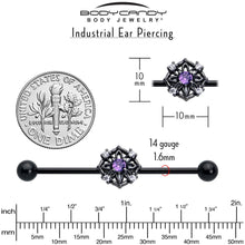 Load image into Gallery viewer, 14G Purple CZ Gem Black Flower Ring Industrial Barbell 38mm