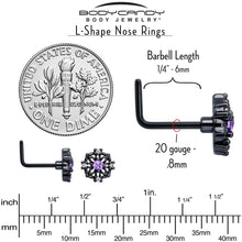 Load image into Gallery viewer, 20G 7mm Purple CZ Gem Black Flower Ring L Shape Nose Ring