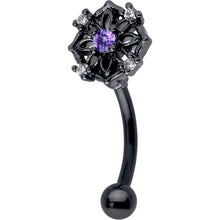 Load image into Gallery viewer, 16G 5/16 Purple CZ Gem Black Flower Ring Curved Eyebrow Ring