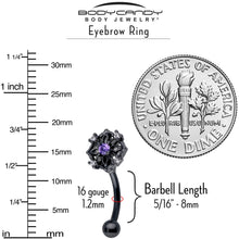 Load image into Gallery viewer, 16G 5/16 Purple CZ Gem Black Flower Ring Curved Eyebrow Ring