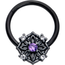 Load image into Gallery viewer, 16G 3/8 Purple CZ Gem Black Flower Ring Hinged Segment Ring
