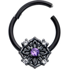 Load image into Gallery viewer, 16G 3/8 Purple CZ Gem Black Flower Ring Hinged Segment Ring