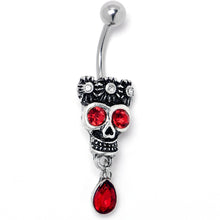 Load image into Gallery viewer, Red Clear CZ Gem Crowned Skull Dangle Belly Ring