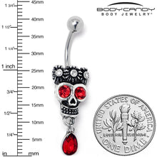 Load image into Gallery viewer, Red Clear CZ Gem Crowned Skull Dangle Belly Ring