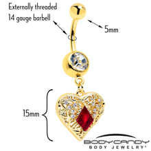 Load image into Gallery viewer, Red CZ Gem Gold Tone Heart Queen Dangle Belly Ring