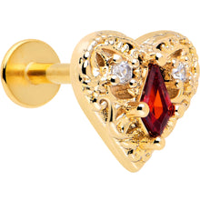 Load image into Gallery viewer, 16G 1/4 Red CZ Gem Gold Tone Heart Queen Flatback Stud