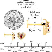 Load image into Gallery viewer, 16G 1/4 Red CZ Gem Gold Tone Heart Queen Flatback Stud
