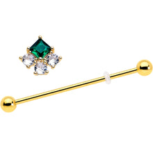 Load image into Gallery viewer, 14G Green CZ Gem Gold Tone Rhombus Riot Industrial Barbell 38mm