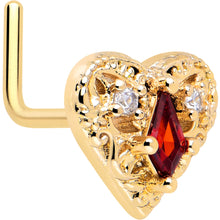 Load image into Gallery viewer, 20G 7mm Red CZ Gem Gold Tone Heart Queen L Shape Nose Ring
