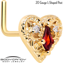 Load image into Gallery viewer, 20G 7mm Red CZ Gem Gold Tone Heart Queen L Shape Nose Ring