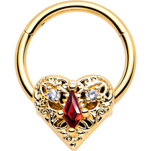 Load image into Gallery viewer, 16G 3/8 Red CZ Gem Gold Tone Heart Queen Hinged Segment Ring