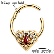 Load image into Gallery viewer, 16G 3/8 Red CZ Gem Gold Tone Heart Queen Hinged Segment Ring
