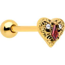 Load image into Gallery viewer, Red CZ Gem Gold Tone Heart Queen Barbell Tongue Ring
