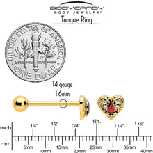 Load image into Gallery viewer, Red CZ Gem Gold Tone Heart Queen Barbell Tongue Ring